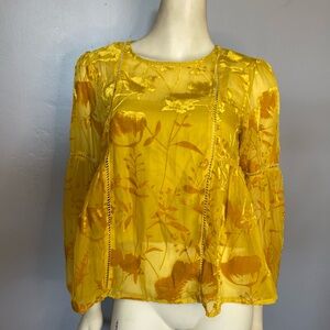 Anthropologie Meadow Rue Mustard Yellow Velvet Sheer Peasant Boho Blouse Top 2